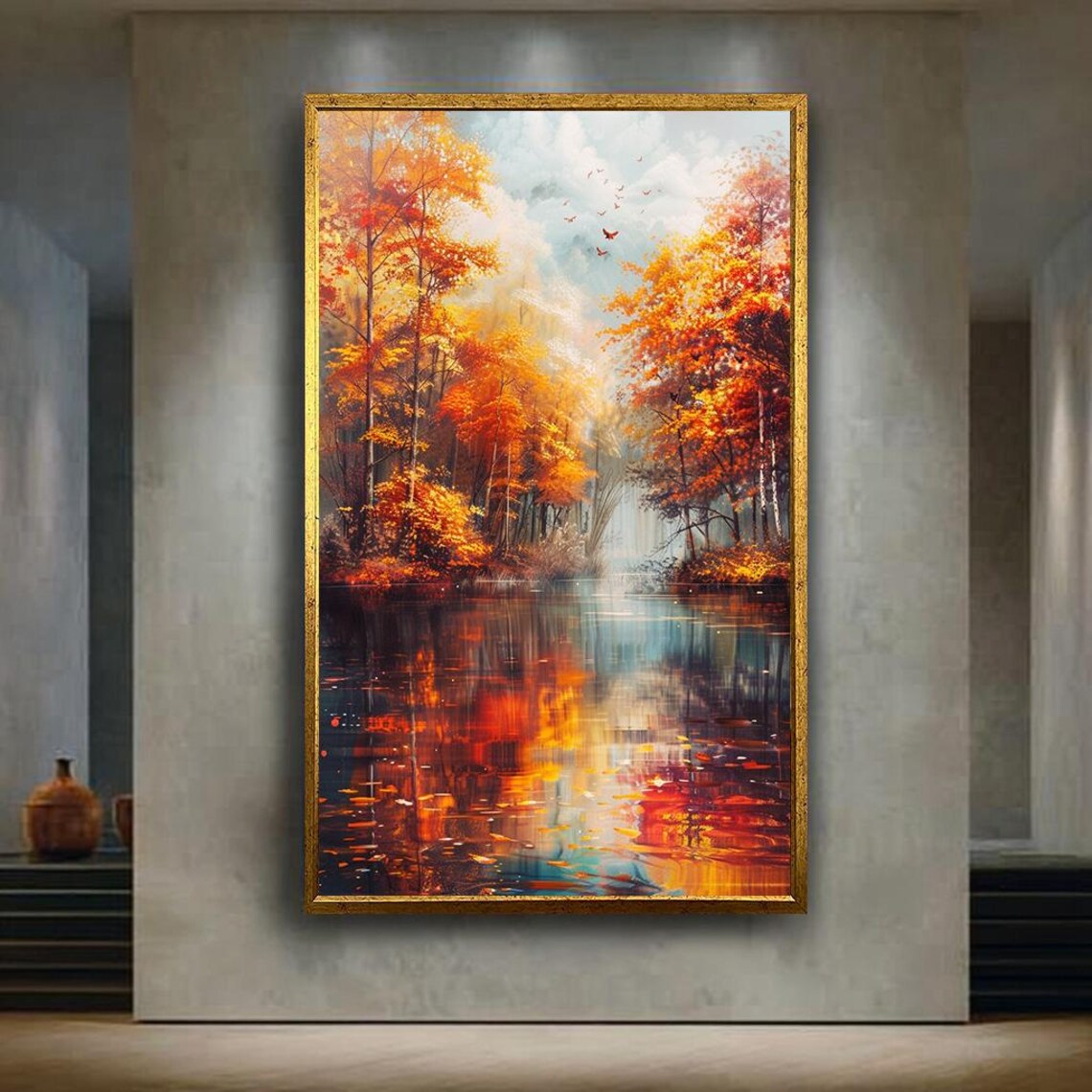 Autumn Forest Lake Art Print, Fall Nature Landscape