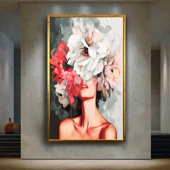 Floral Woman Face Wall Art Print Abstract Feminine Flower Portrait Canvas Romantic Soft Pastel Modern Decor For Bedroom Or Living Room