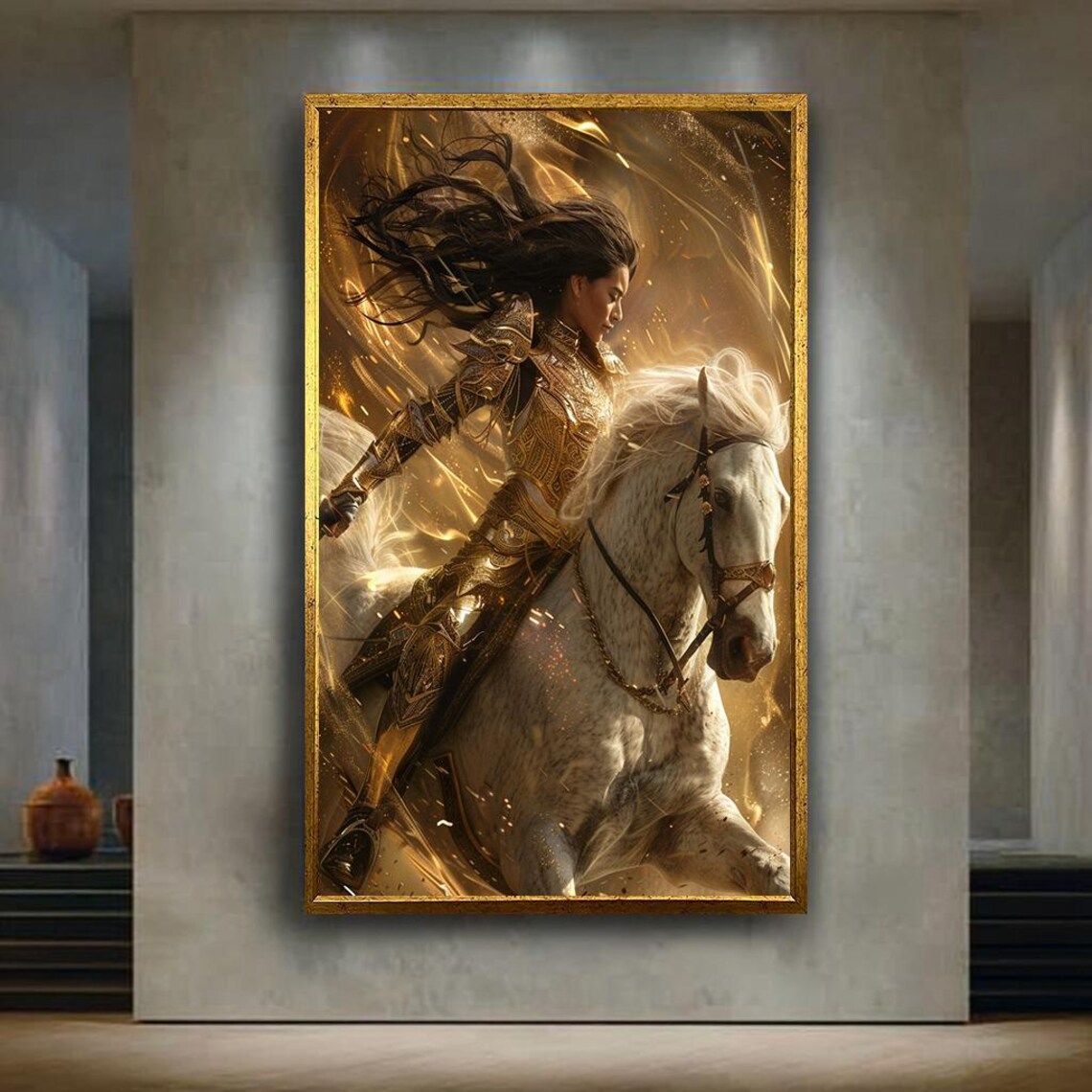 Golden Warrior Woman White Horse Epic Fantasy Heroine Art Poster