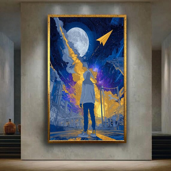 Surreal Moon Wall Art Print Blue Yellow Sci Fi Urban Dreamscape Poster Paper Plane Street Canvas Futuristic Boy Illustration