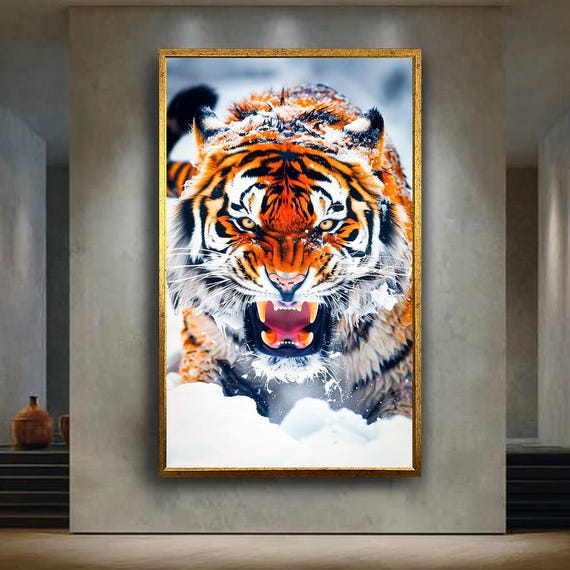 Roaring Tiger Canvas Wall Art Print Wild Snow Jungle Animal Painting Fierce Predator Artwork For Office Gamer Room Or Bold Home Decor