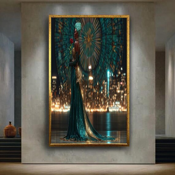 Elegant African Woman Canvas Wall Art With City Skyline Green Gold Gown Red Rose Luxury Modern Home Decor For Living Room