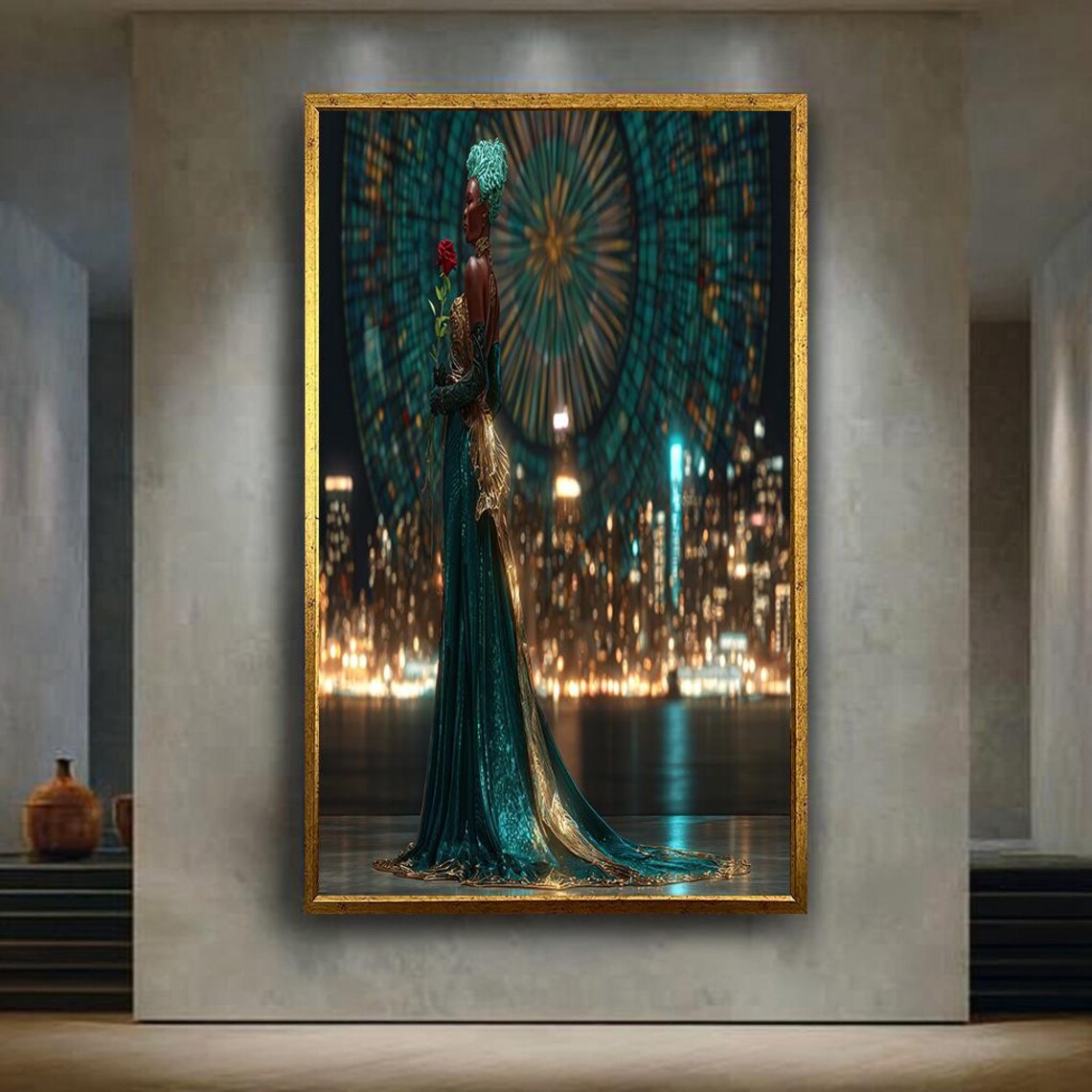 Elegant African Woman City Skyline Gold Green Portrait Poster
