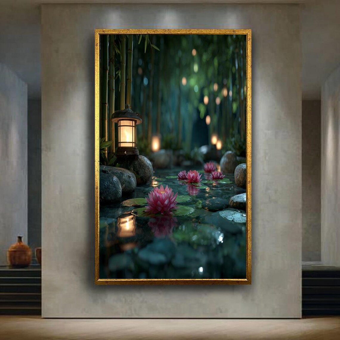 Zen Lotus Pond with Stone Lantern Bamboo Night Garden Poster