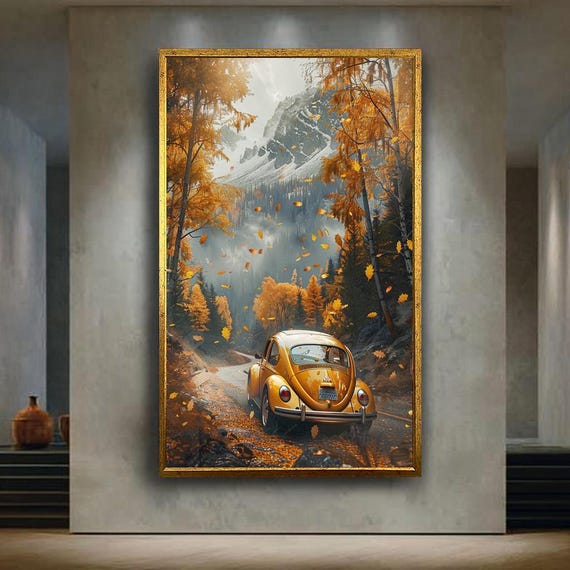 Autumn Mountain Road Canvas Wall Art Vintage Yellow Car Driving Through Falling Leaves Adventure Travel Print For Cozy Home Decor