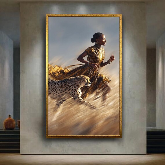 Powerful African Woman Running With Cheetah Art Wild Energy Print For Bold Home Decor And Fashioninspired Wall Poster