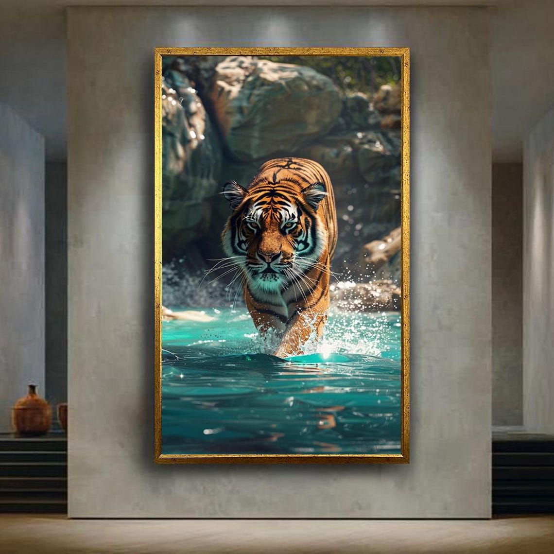Majestic Tiger Wading Through Turquoise Water Wildlife Wall Art