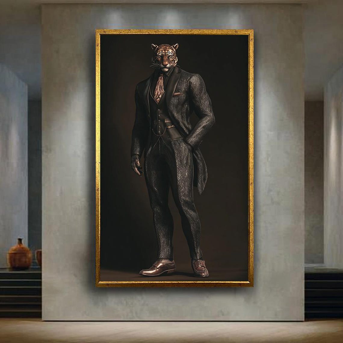 Tiger Headed Man In Brown Suit Dark Elegant Style Portrait Poster