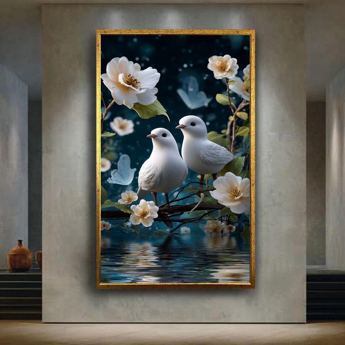 White Doves With Blossoms Over Moonlit Water Dreamy Nature Art Poster