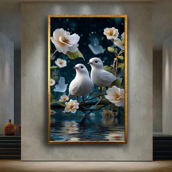 Romantic White Doves Wall Art Print Floral Fantasy Nature Poster Dreamy Birds And Flowers Illustration Peaceful Decor