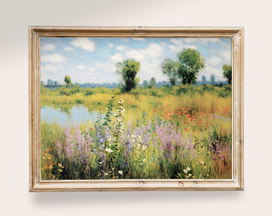 Wildflower Field Vintage Painting, Rustic Landscape Art