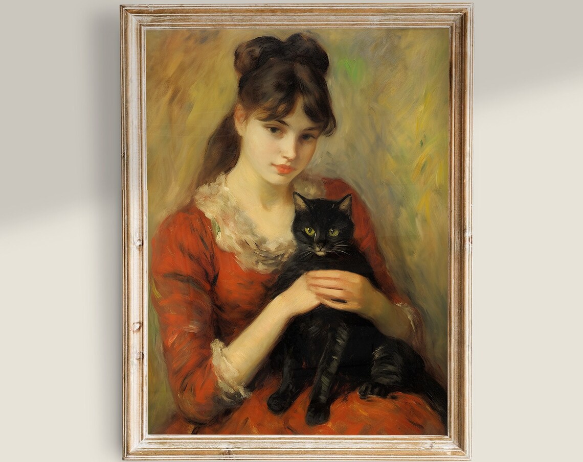 Woman With Cat Vintage Painting Art Print