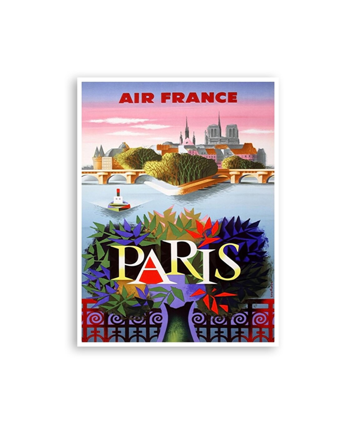 Paris Vintage Air France Notre Dame Seine River Travel Poster