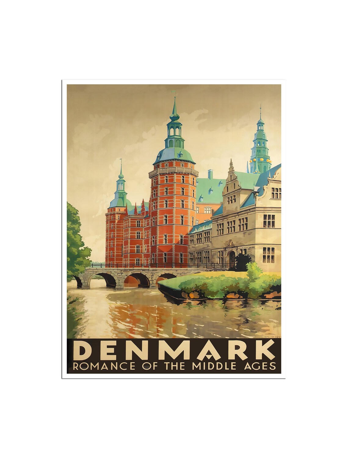Denmark Vintage Travel Poster Frederiksborg Castle Romance Medieval