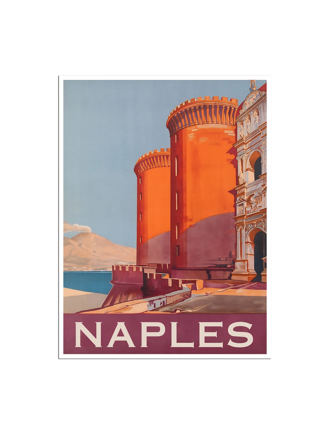 Naples Italy Castel Nuovo Castle Vesuvius Vintage Travel Poster