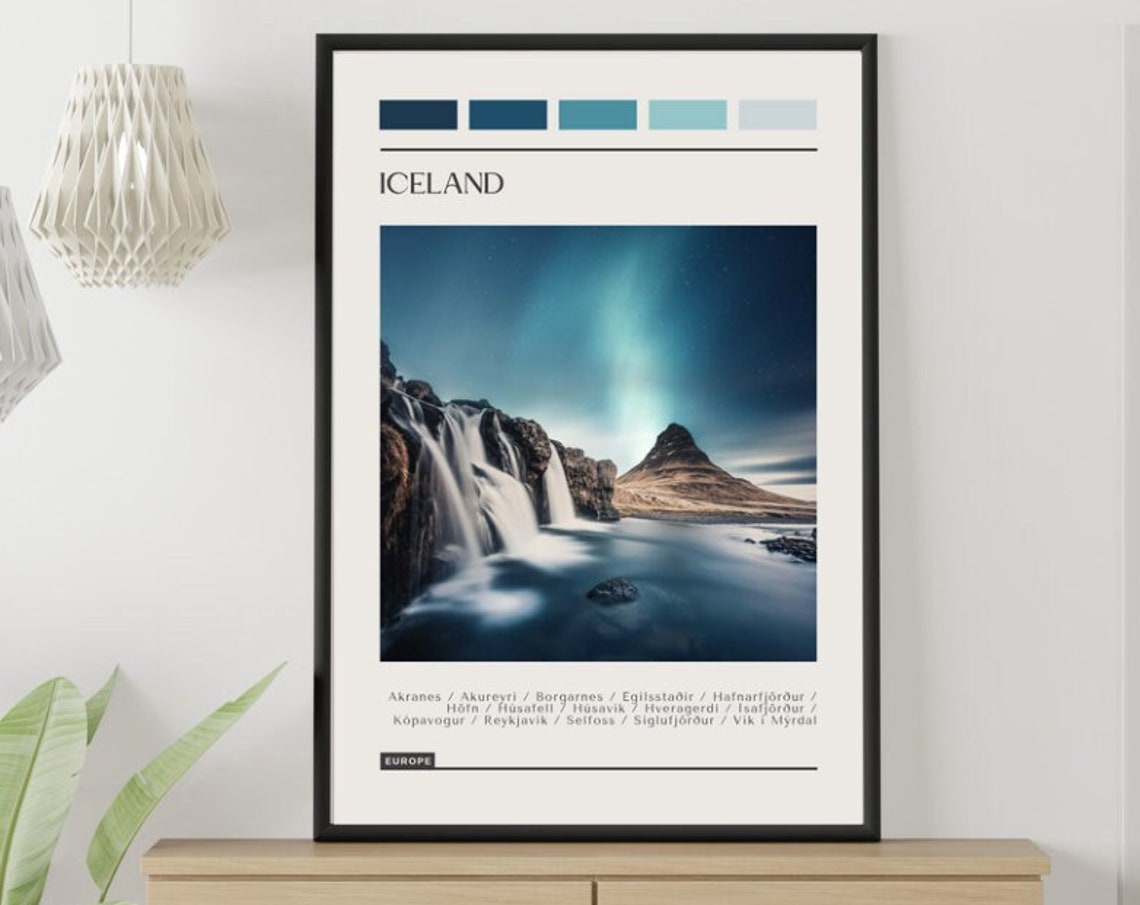 Iceland Waterfall Mountain Night Sky Travel Poster Color Palette