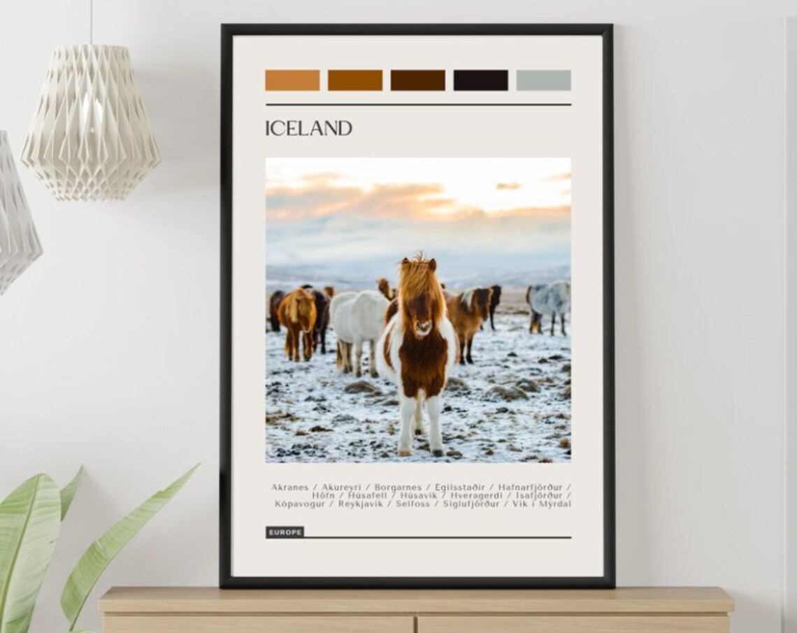 Icelandic Horses Winter Snowfield Travel Poster Color Palette
