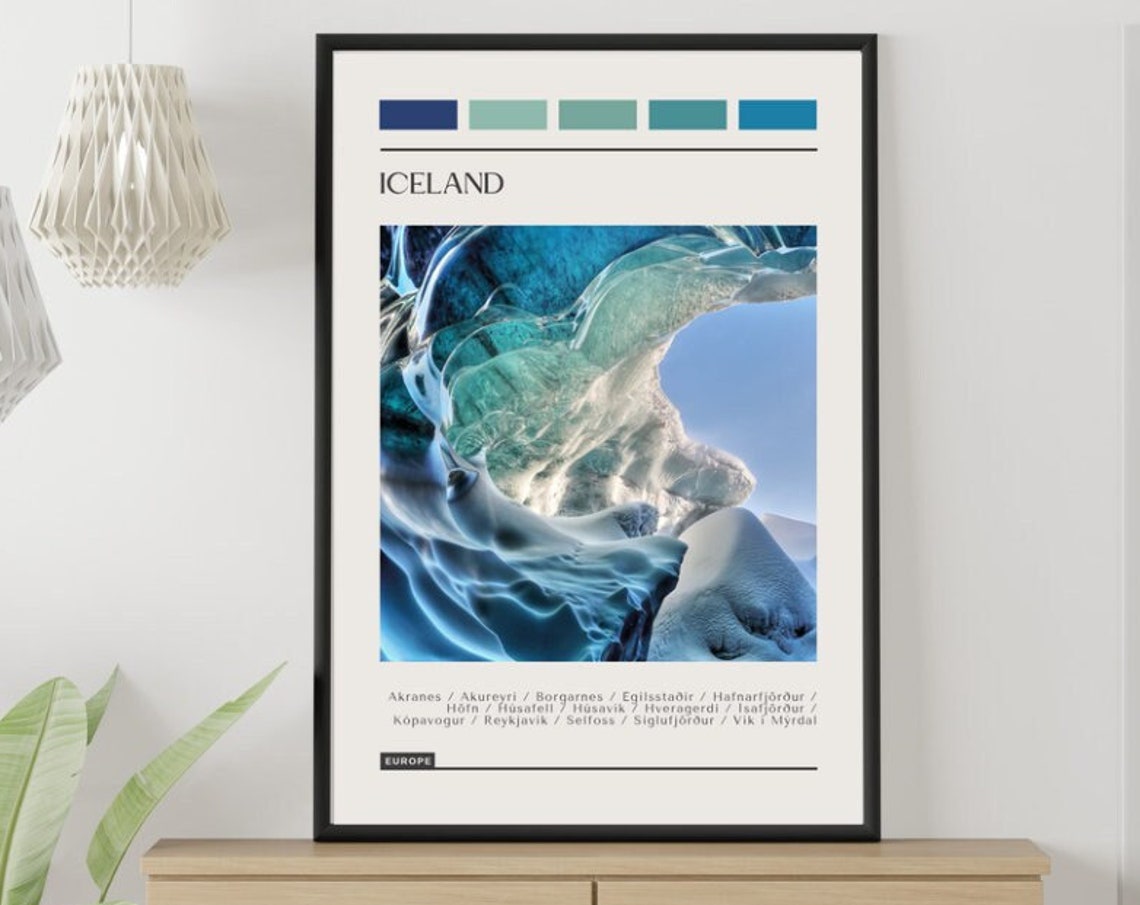 Iceland Blue Ice Cave Glacier Modern Travel Poster Color Palette