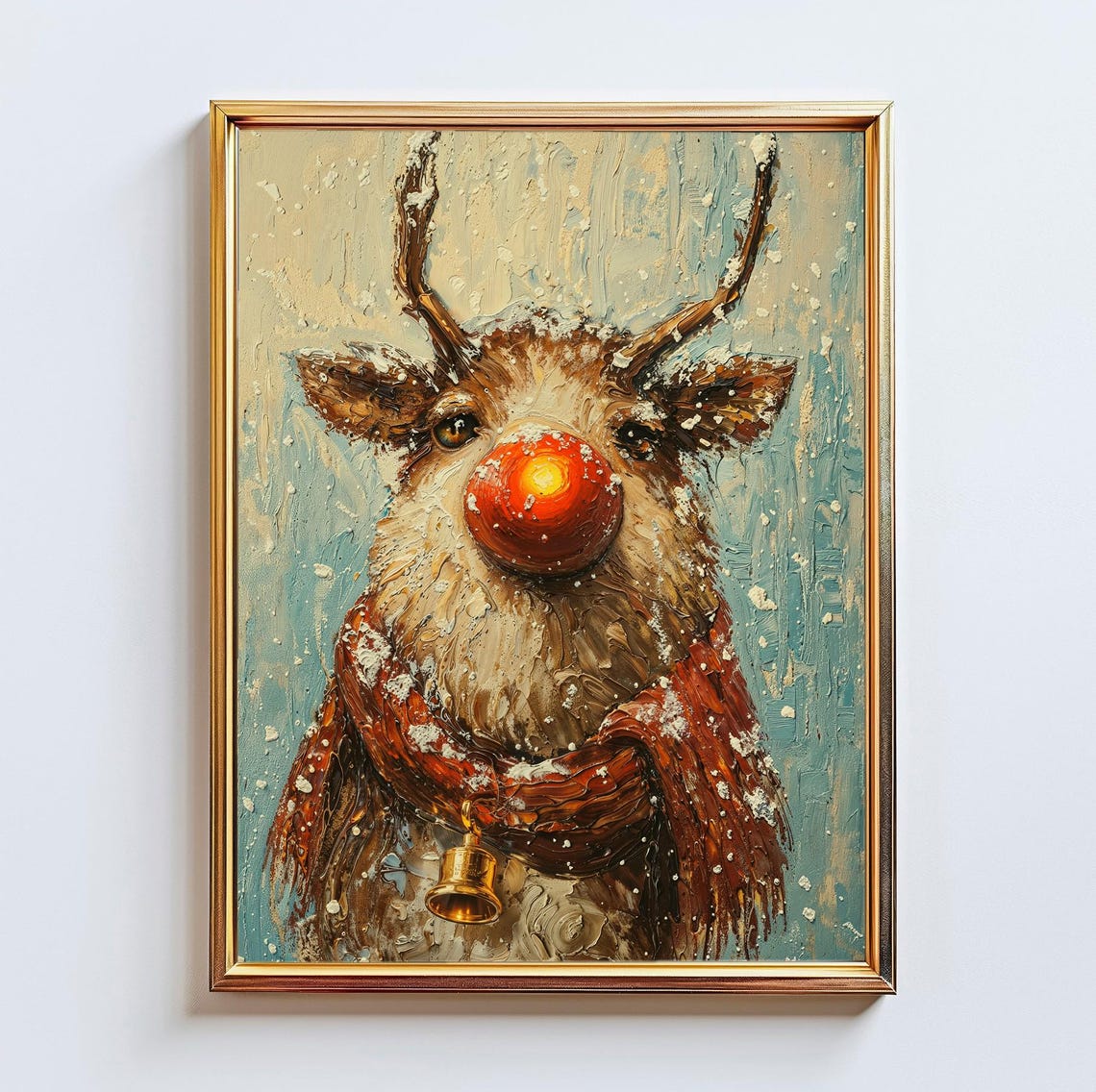 Rudolph Red Nose Reindeer With Scarf and Bell Snowy Christmas Poster