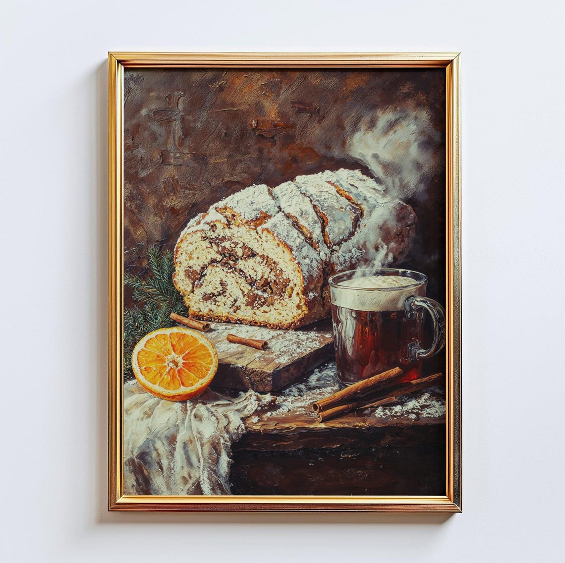 Vintage European Holiday Stollen Bread Cinnamon Tea Still Life Poster