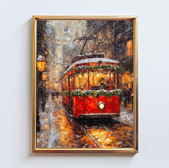 Red Christmas Tram Snowy Night City Lights Oil Holiday Poster
