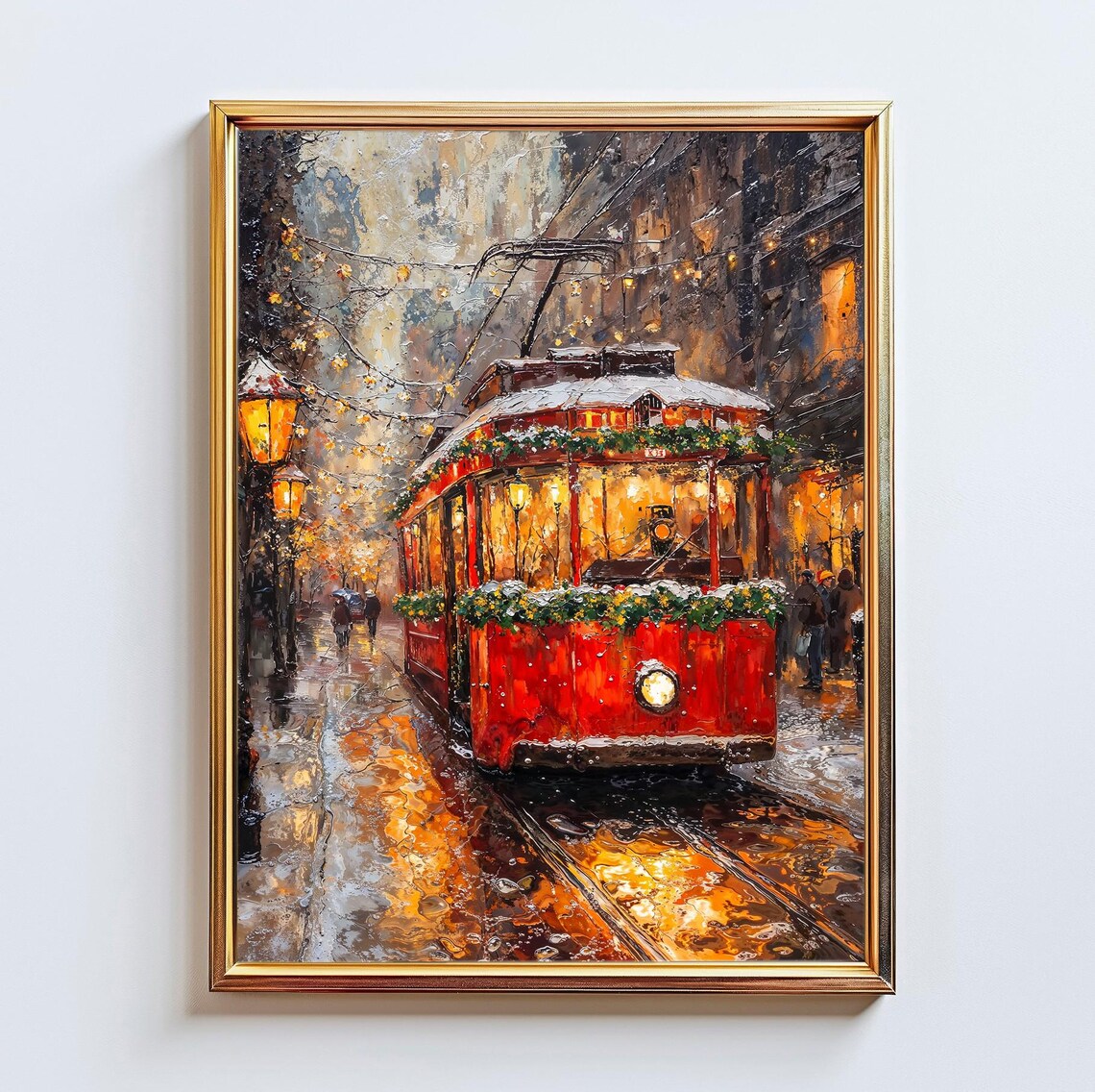 Red Christmas Tram Snowy Night City Lights Oil Holiday Poster