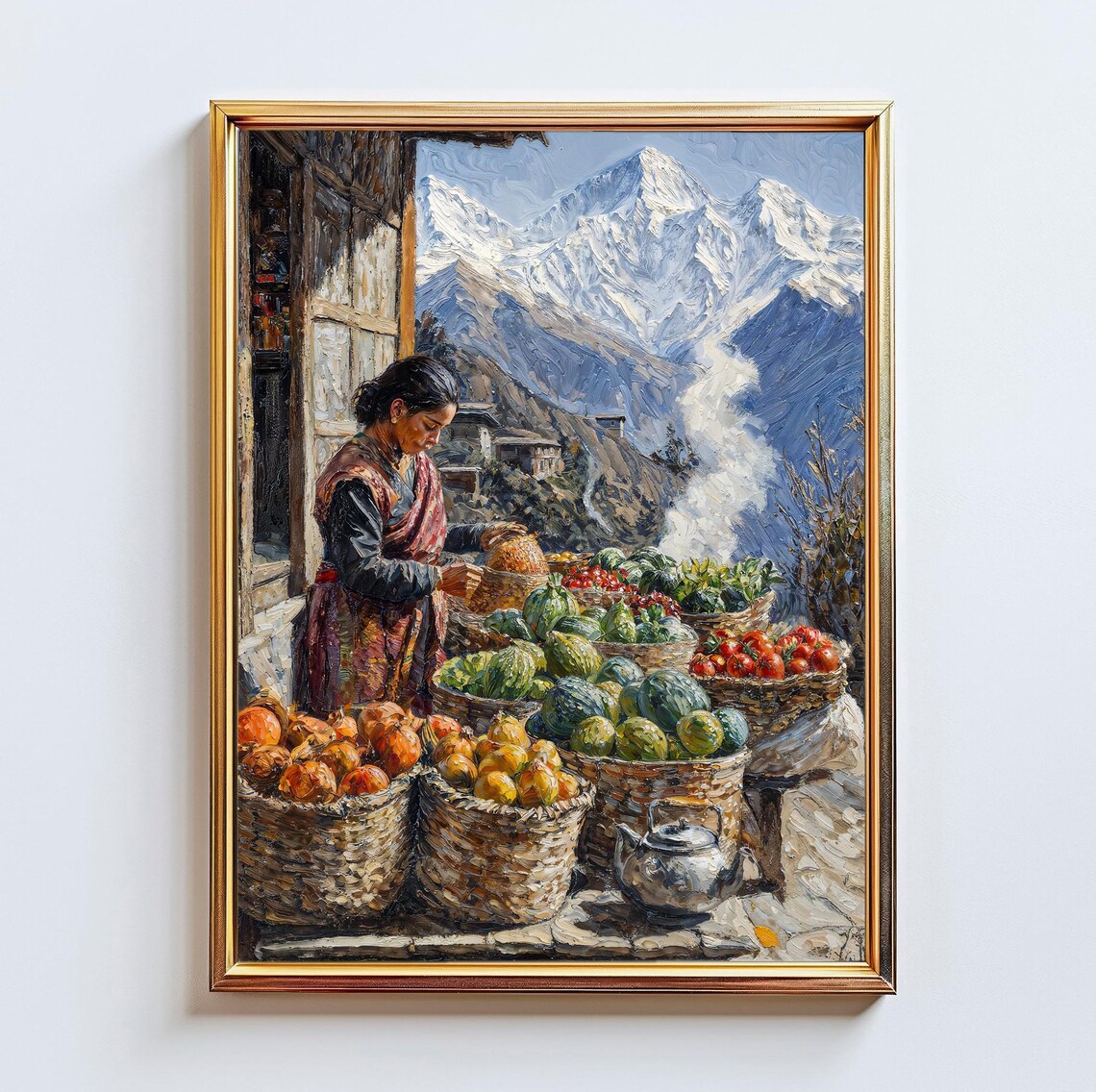 Himalayan Mountain Fruit Market Woman Snowy Peaks Painting Poster