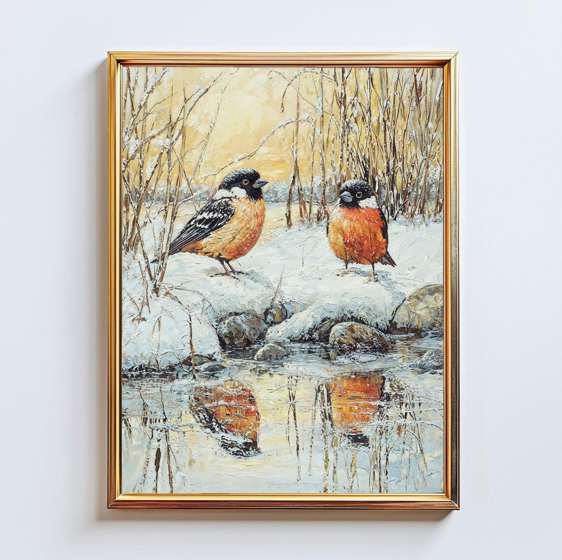 Winter Songbirds Snowy Stream Golden Morning Oil Painting Poster
