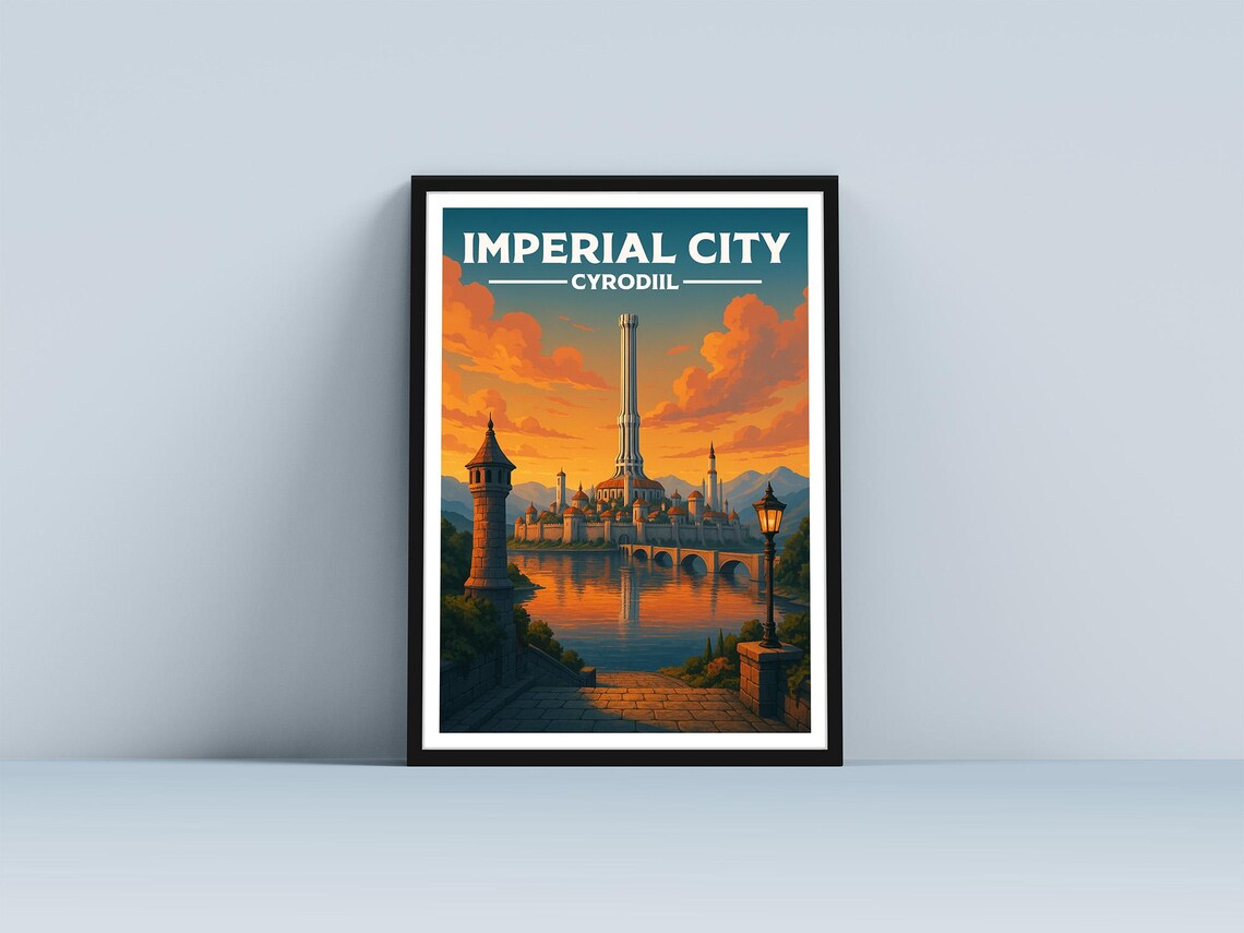 Imperial City Cyrodiil Fantasy Travel Poster with Tower and Lake