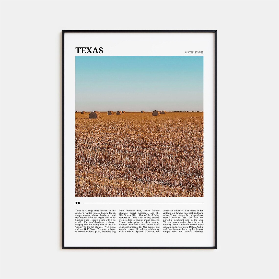 Texas USA Golden Field Hay Bales Prairie Photography Travel Poster