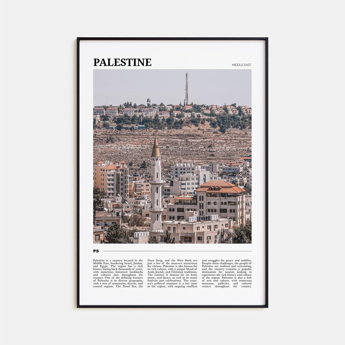 Palestine Middle East Travel Poster With Minaret Cityscape Photo