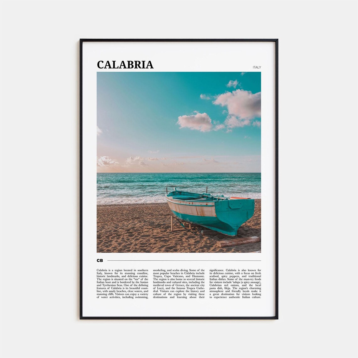 Calabria Italy Turquoise Beach Fishing Boat Coastal Travel Poster