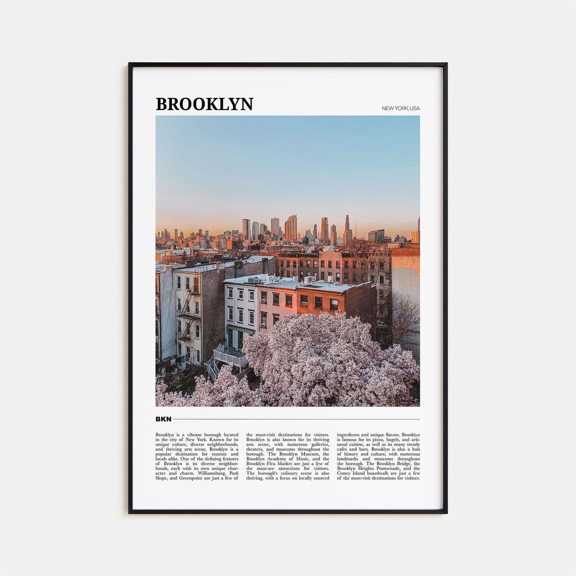 Brooklyn New York Spring Blossoms Brownstones Skyline Travel Poster