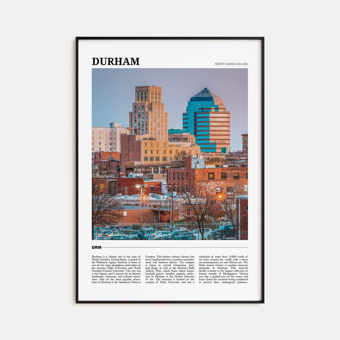 Durham North Carolina Downtown Skyline at Sunset Travel Poster