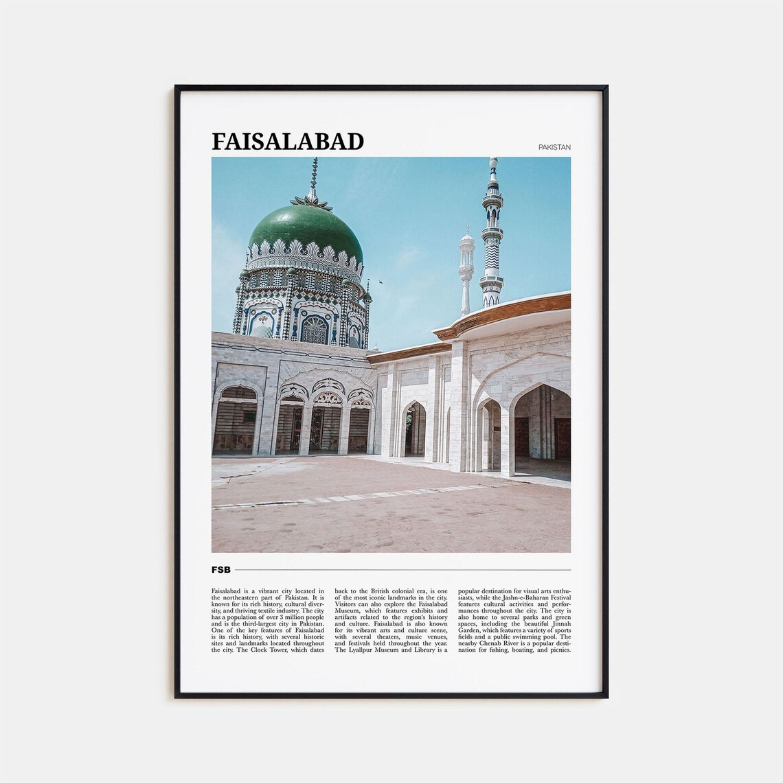 Faisalabad Travel Poster, Pakistan Place Art Print