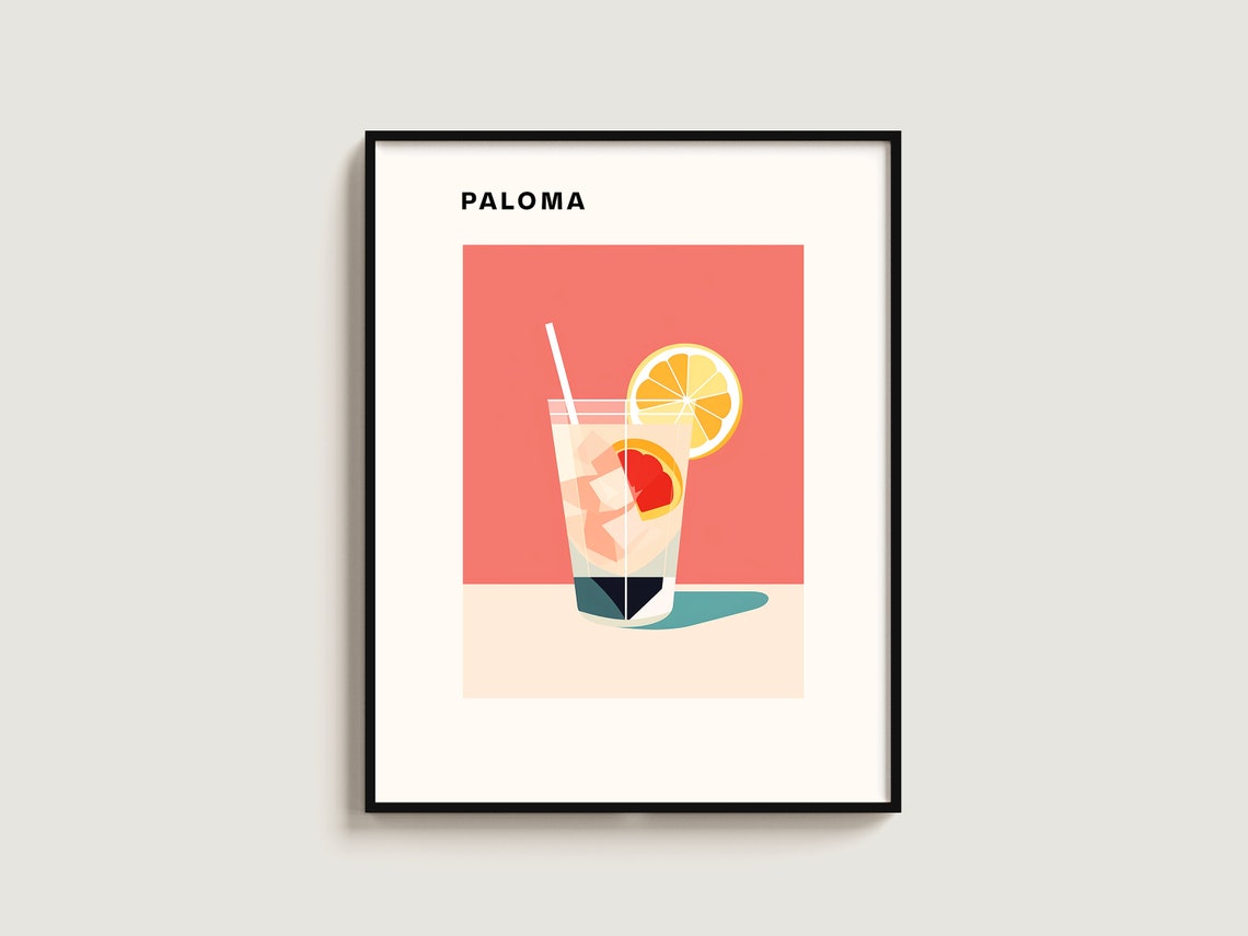 Paloma Cocktail Minimalist Grapefruit Citrus Coral Art Poster