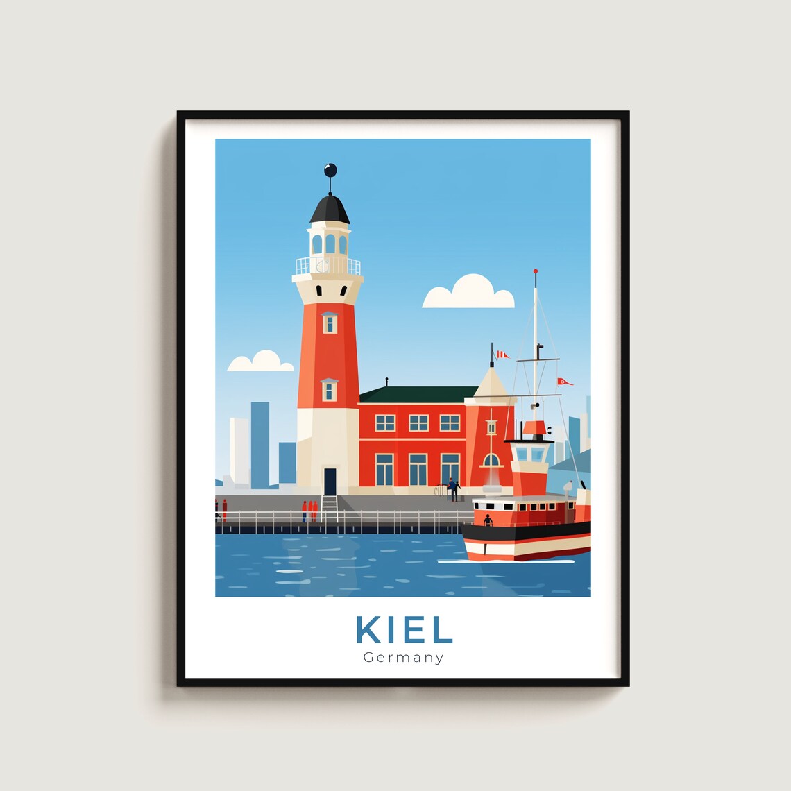 Kiel Germany Red Lighthouse Harbor Tugboat Maritime Travel Poster
