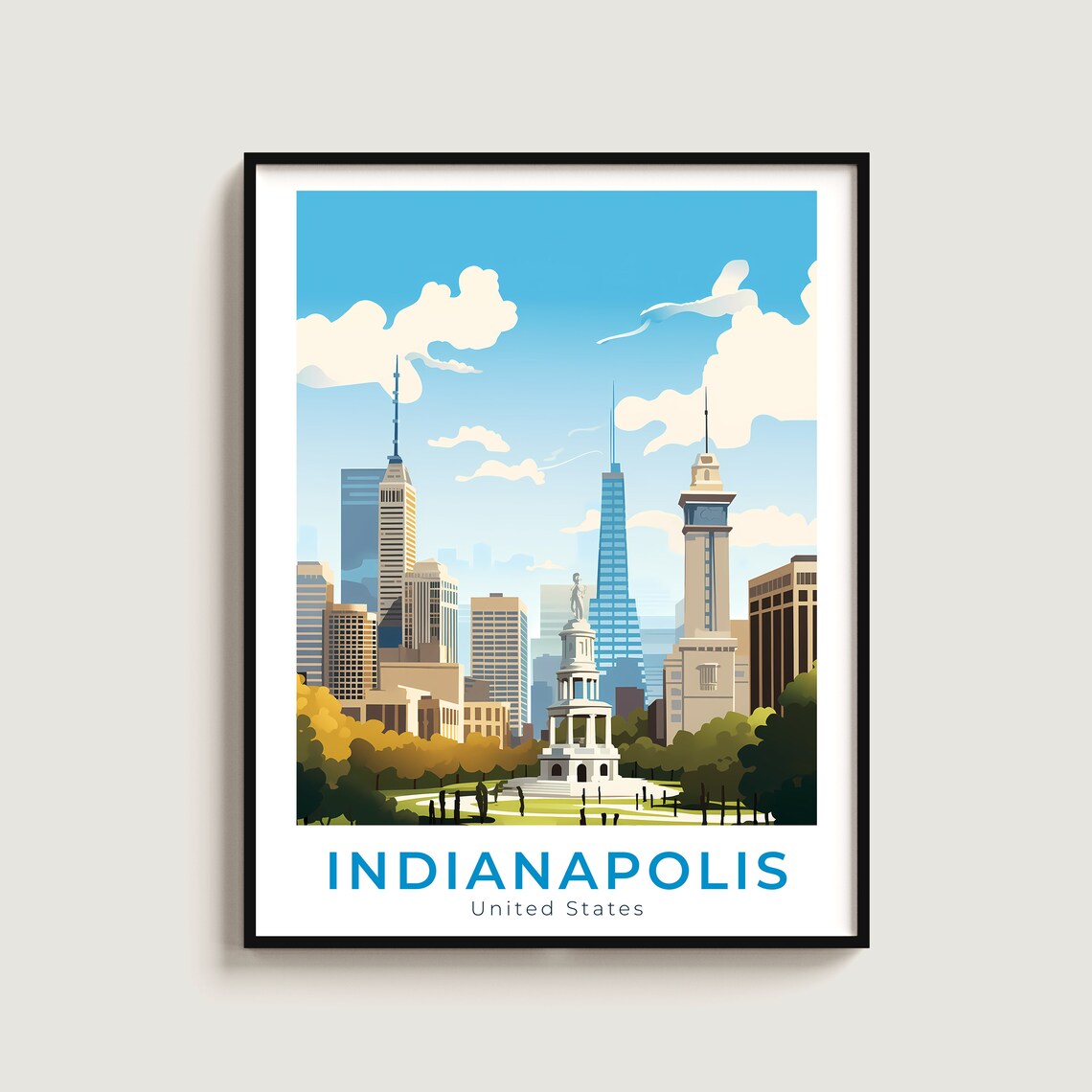 Indianapolis Indiana Monument Circle Skyline Vintage Travel Poster