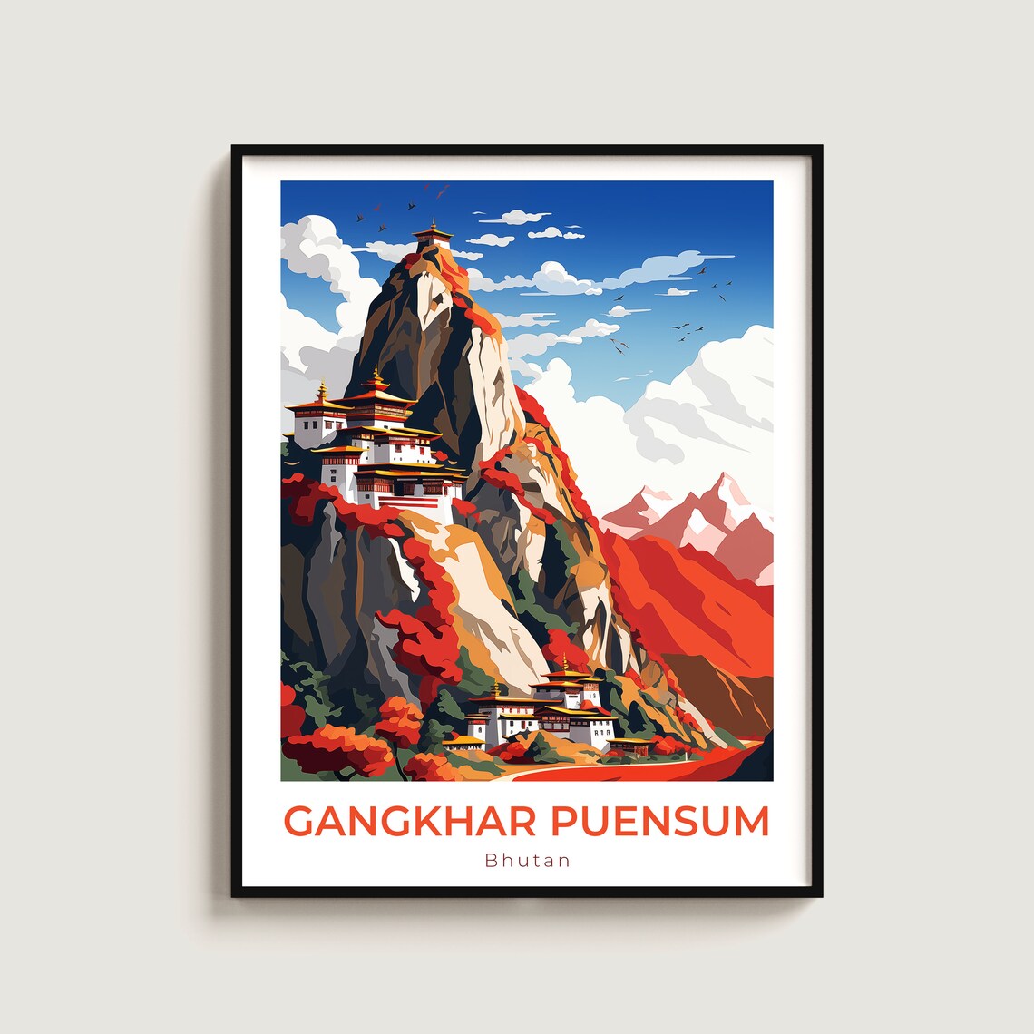 Gangkhar Puensum Bhutan Monastery Peak Retro Travel Art Poster