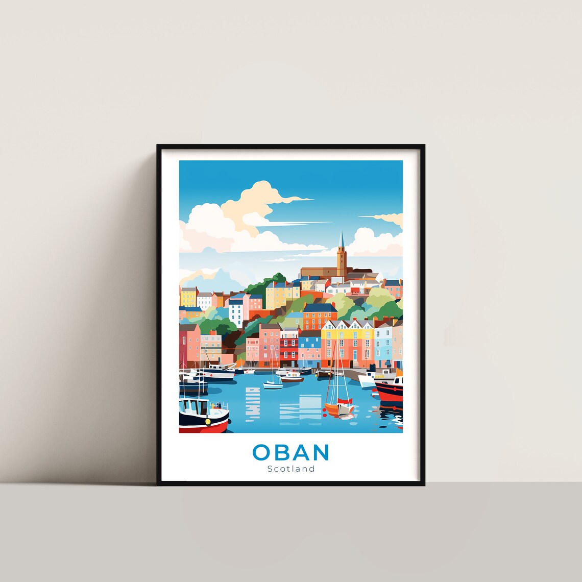 Oban Scotland Colorful Harbor Town Boats Hillside Travel Poster