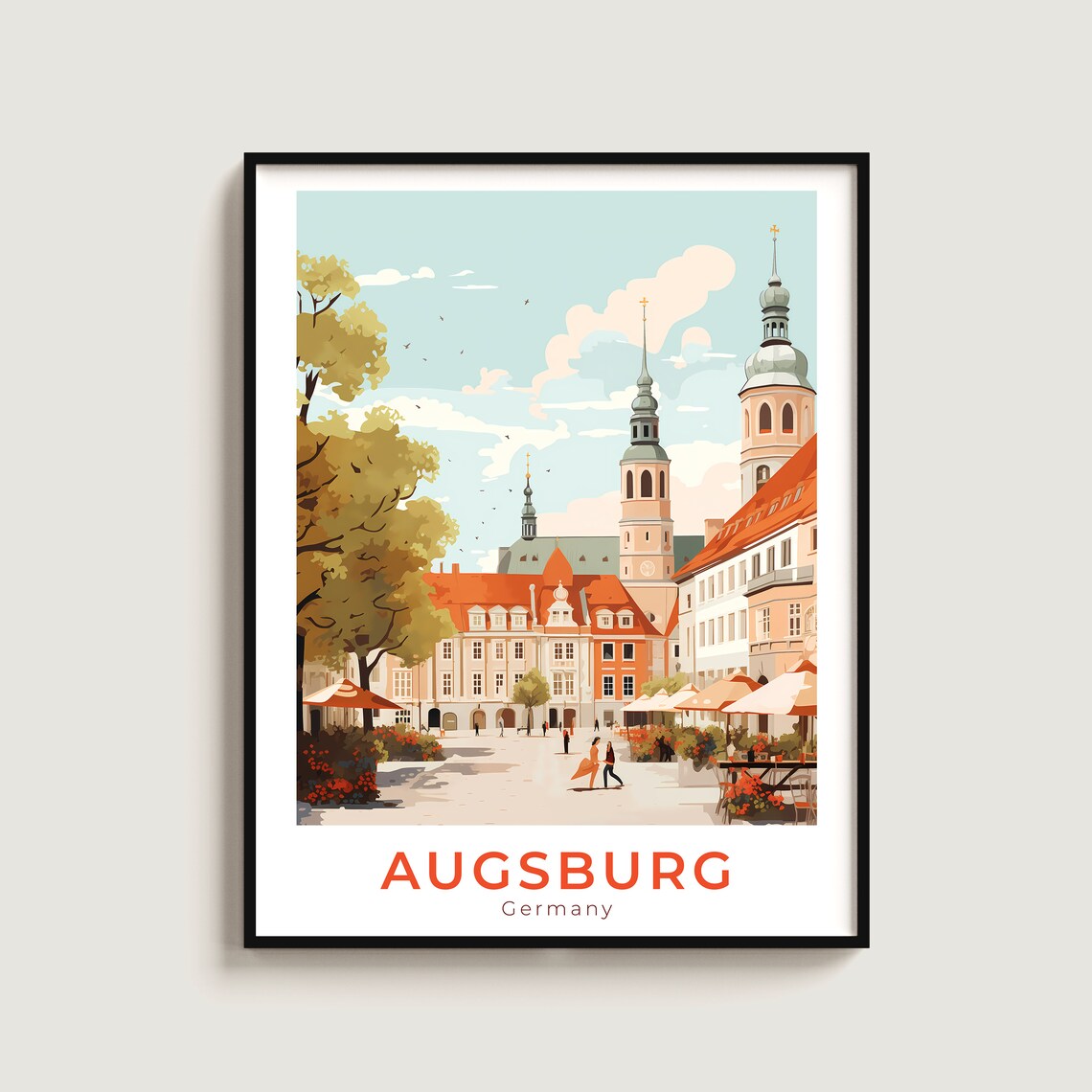 Augsburg Germany Old Town Square Church Towers Travel Poster Decor