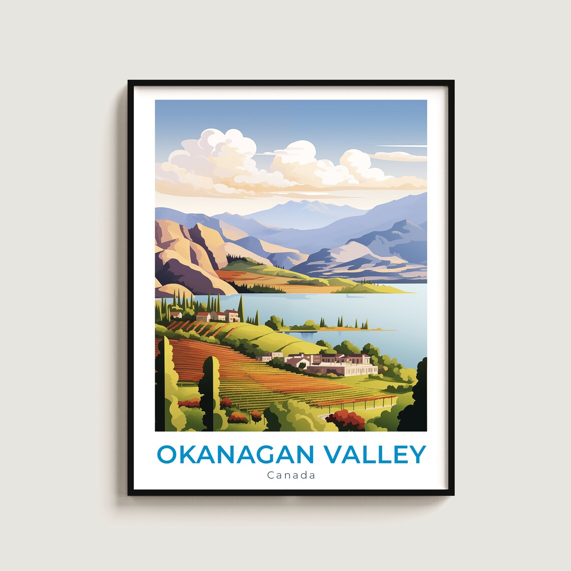 Okanagan Valley Canada Travel Poster Lake Vineyards Mountain View