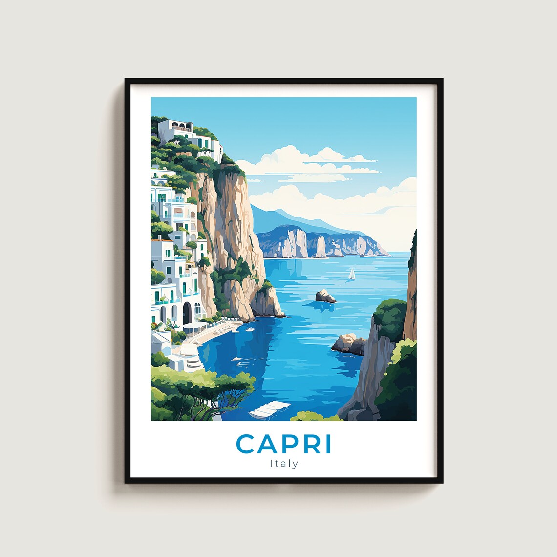 Capri Italy Cliffside Village Blue Sea Vintage Travel Poster Art