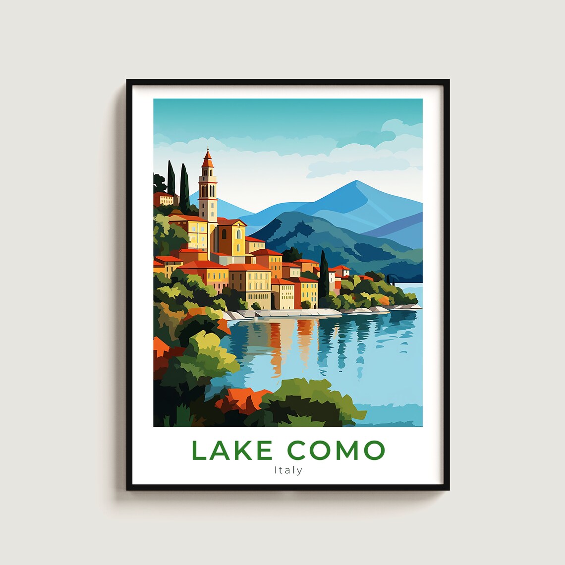 Lake Como Italy Lakeside Village Bell Tower Reflection Poster