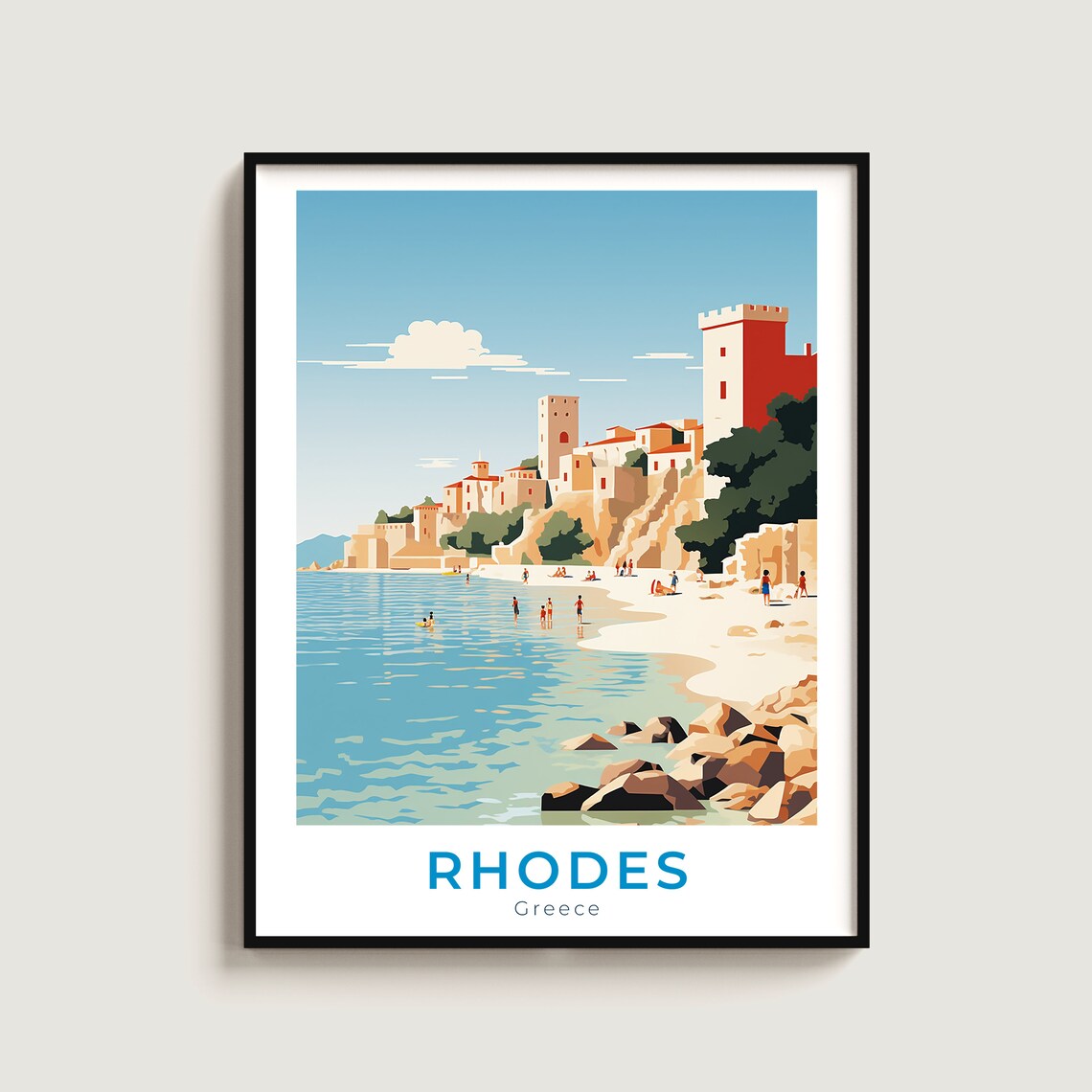 Rhodes Greece Sandy Beach Old Town Walls Red Tower Travel Poster
