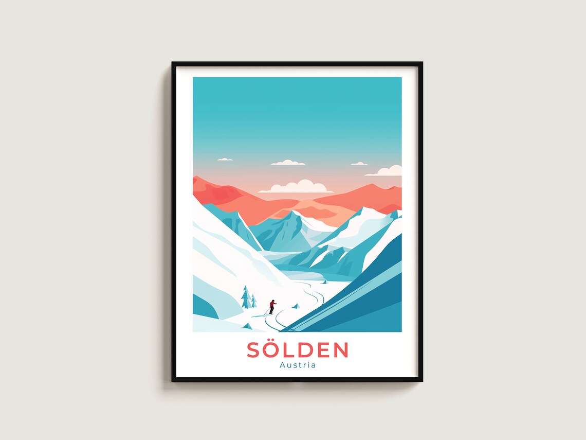 Solden Austria Minimalist Blue Alpine Slope Lone Skier Ski Poster
