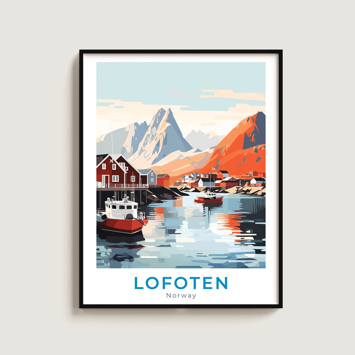 Lofoten Norway Arctic Fishing Harbor Red Cabins Peaks Travel Poster