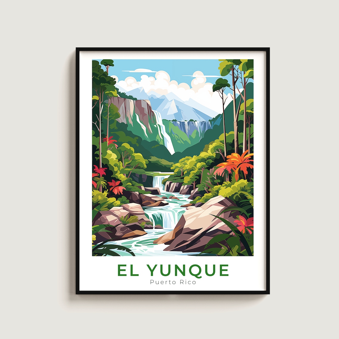 El Yunque Puerto Rico Rainforest Waterfall Travel Art Poster