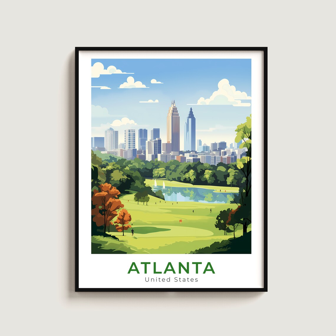 Atlanta Georgia Park Lake Downtown Skyline Summer Travel Poster