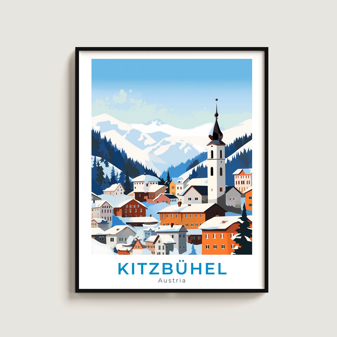 Kitzbuhel Austria Snowy Old Town Church Tower Mountain Ski Poster